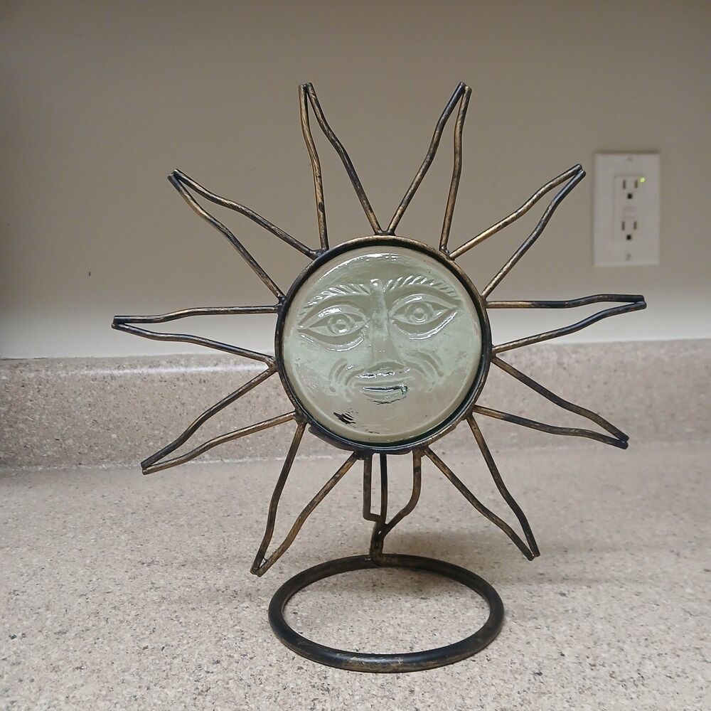 Vtg 90s Celestial Sun Glass Metal Candleholder Stand Boho Mystical Decor 11"×10"